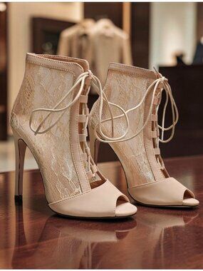 Peep Toe Lace-Up Stiletto Booties With Sheer Lace Panels Nude Beige High Heel An
